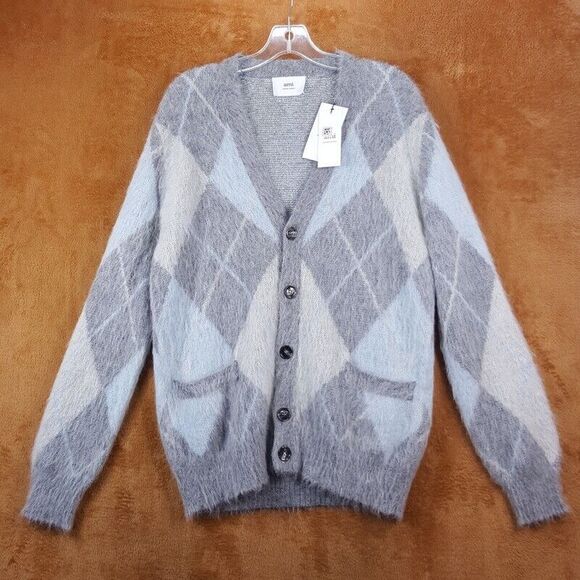 AMI Sweater Mens Small Gray Cardigan Argyle Button Up Brushed Alpaca Mohair $920 - Picture 1 of 7
